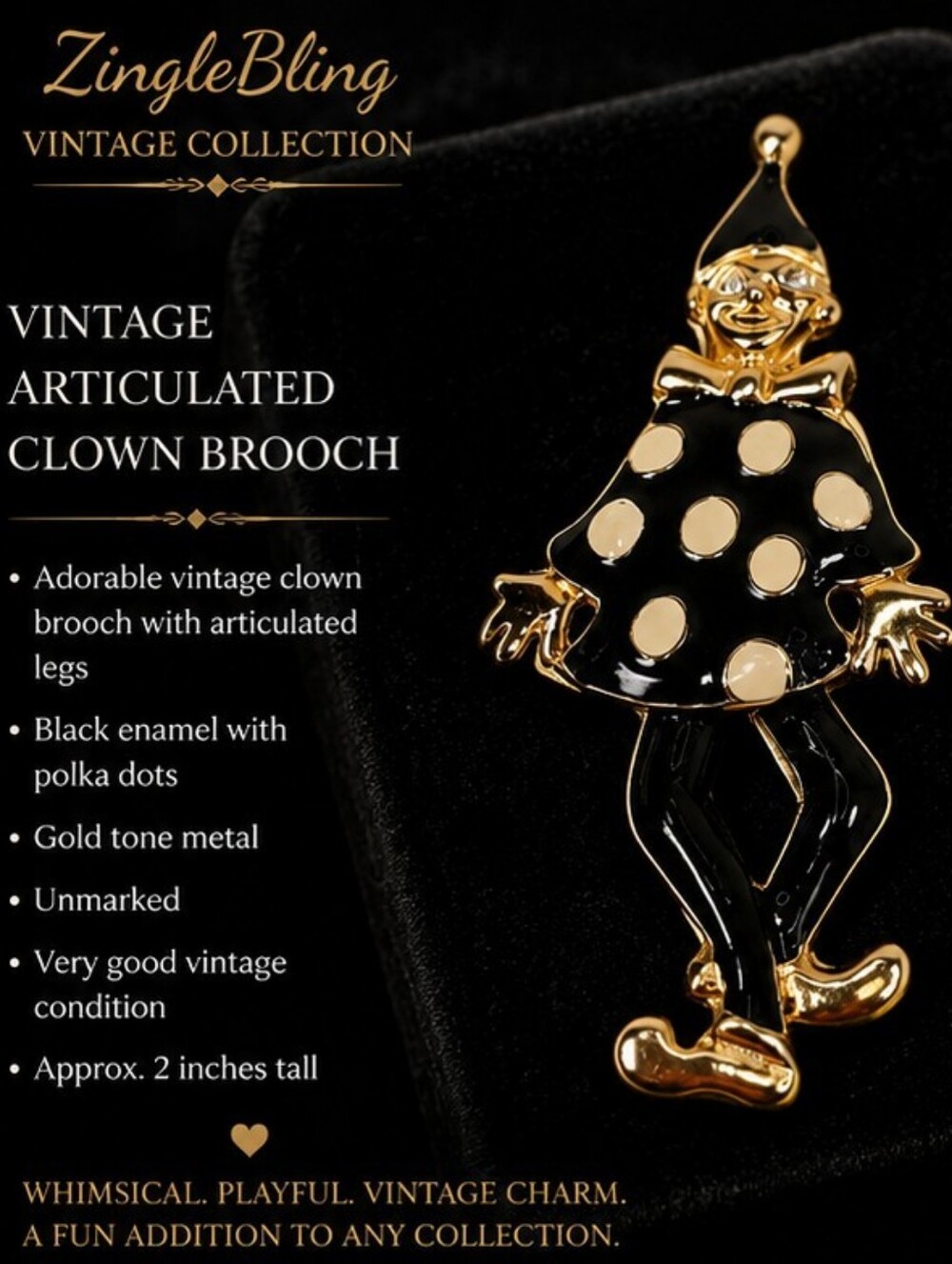 Vintage Articulated Clown Brooch Black Enamel Gold Tone Polka Dot Pin